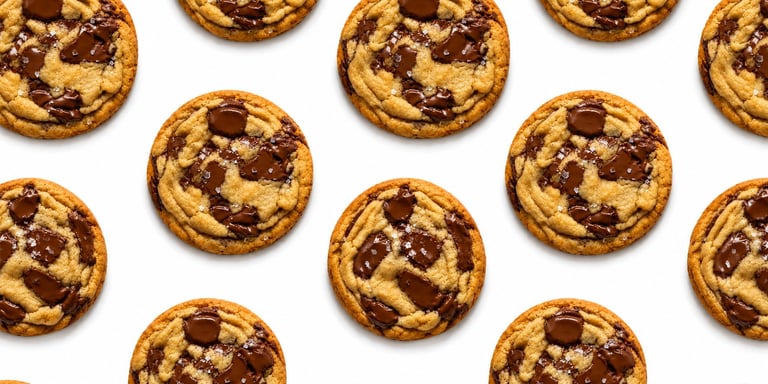 Chocolate chip cookies arranged in a pattern on a white background
